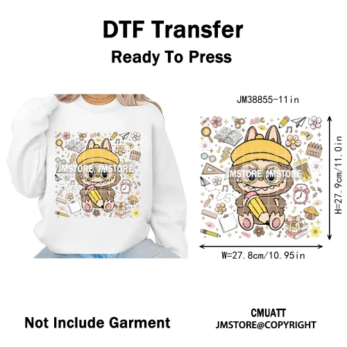 Floral Cute Checkered Cartoon Monster Character Iron on DTF Washable Transfers Stickers Designs Ready to Press for Textile Bags