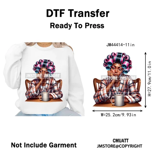 Sassy Facial Expressions Black Girl Housewife Remote Work Iron on Washable DTF Transfers Stickers Ready to Press for Sweatshirts