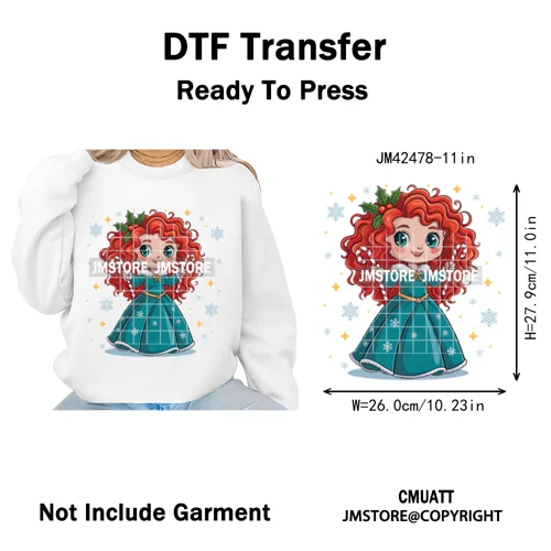 Cute Cartoon Movie Princess Christmas Winter Girly Kids Holiday Iron on DTF Washable Transfer Sticker Ready to Press for Clothes