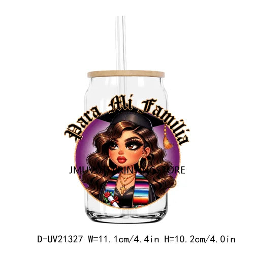 Chicano Graduation Chibi UV DTF Transfer Stickers Decals For Libbey Cold Cups Mugs Tumbler Waterproof Logo Educated Latina Girl