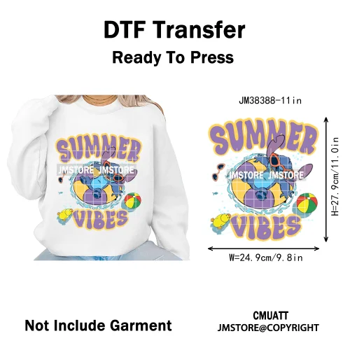 Retro Cartoon Happy Summer Vacation Vibes Coquette Seashells Iron on DTF Heat Transfer Stickers Ready to Press for Clothes Bags