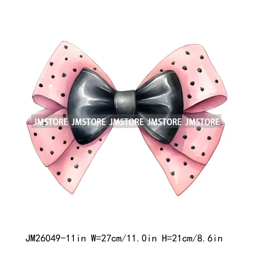 Trendy New Girl Pink Black Polka Dots Ribbons Coquette Bows Washable DTF Iron On Transfer Stickers Ready To Press For Clothing