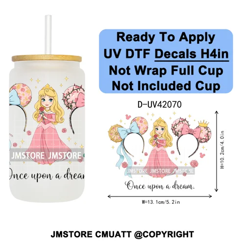 Cartoon Mouse Head Princess Family Vacation UV DTF Decals Ready To Apply Waterproof Transfer Stickers For 16OZ Libbey Glass Can