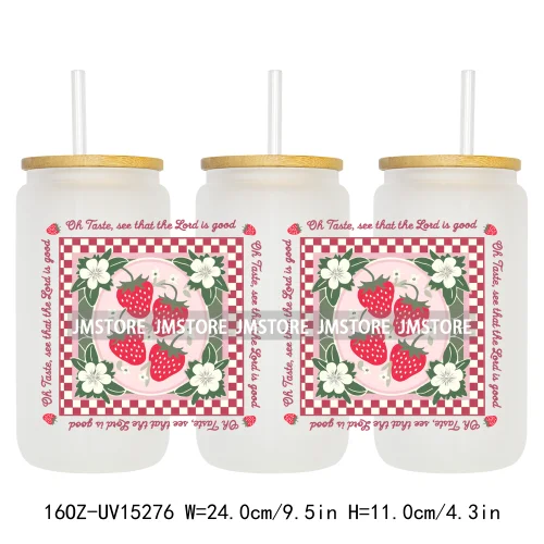 Floral Strawberry Coquette Bow 16OZ UV DTF Cup Wraps Ready To Apply Waterproof Transfer Stickers For Libbey Glass Can Tumbler