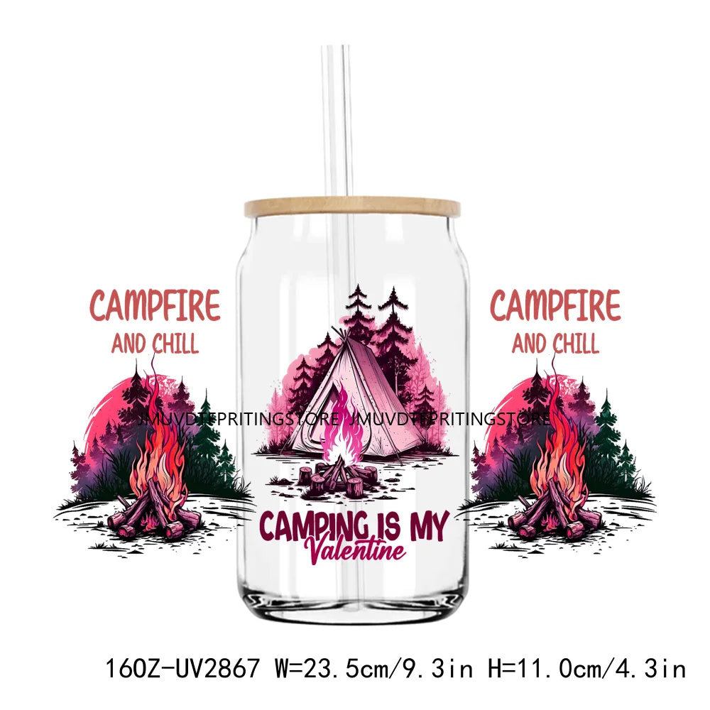 Camping Is My Valentine UV DTF Sticker For 16OZ Libbey Glass Cup Can Wrap Transfer Sticker Custom DIY Logo Love Camp Coffee