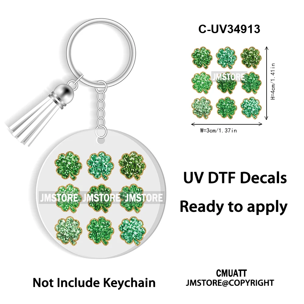 Sparkly Faux Sequin St Patricks Day Coquette Glitter Lucky Charm WaterProof UV DTF Sticker For Round Circle Keychain Keyring