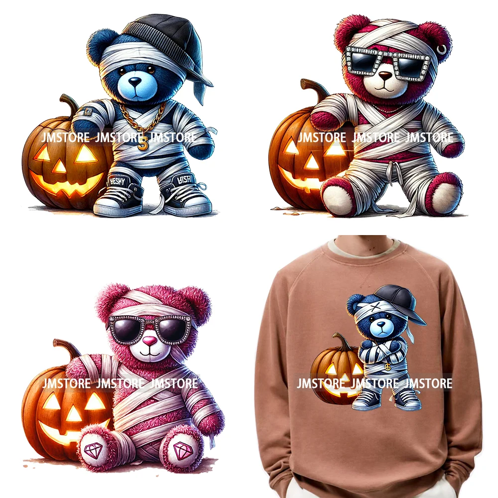 Hip Hop Halloween Pumpkin Mummy Bear Scary Vibes Printing Logos DTF Iron On Transfers Stickers Ready To Press For Sweatshirt