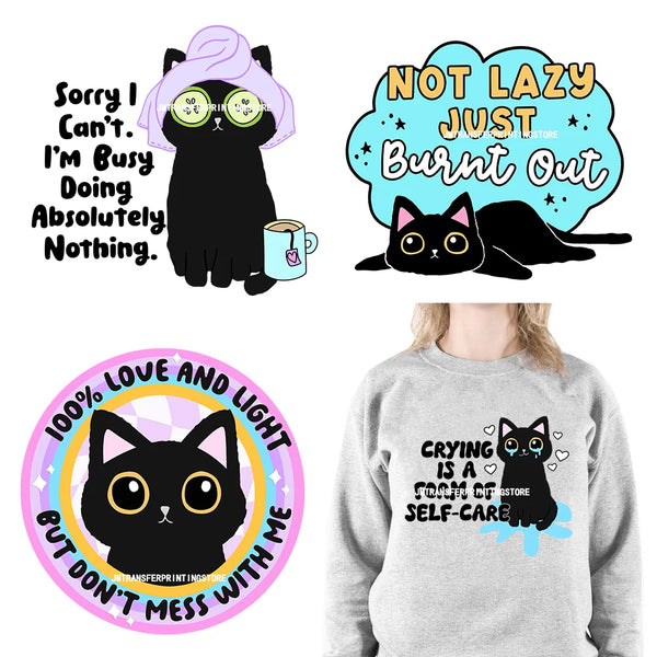 DIY Lovely Cat No Lazy Don't Stress Love And Light Decals Positive Quotes DTF Transfers Stickers Ready To Press For Hoodies