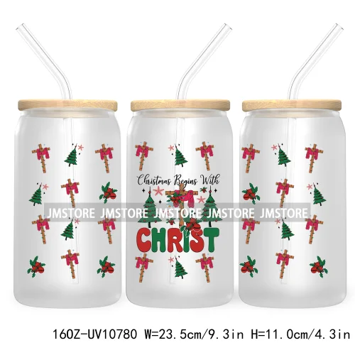 Religious Jesus Christmas UV DTF Cup Wrap For Libbey Glass Can Transfer Stickers Waterproof Custom Labels Christian Cross Bow