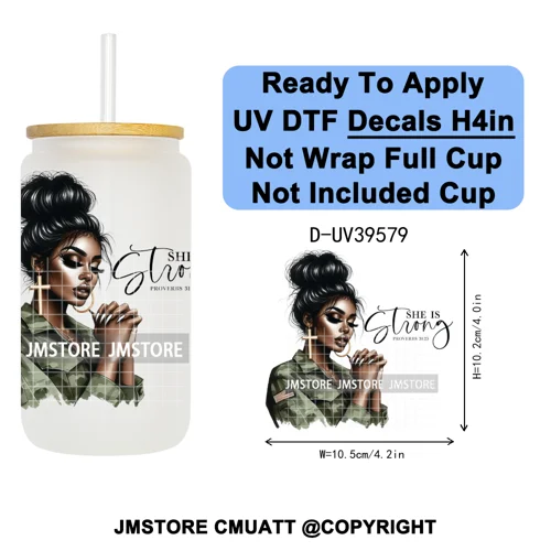 Fashion Girl Praying Black Women UV DTF Decals Ready To Apply Waterproof Transfer Stickers DIY Crafts For 16OZ Libbey Glass Can