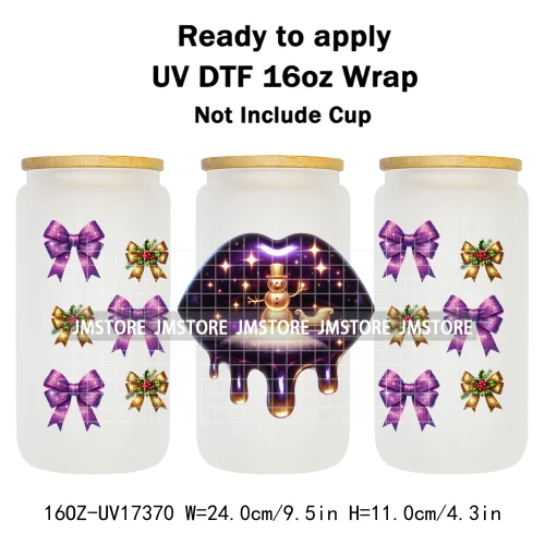 Colorful Christmas Lips Holiday Gifts Xmas Balls UV DTF Wraps Transfer Sticker Waterproof Logo For 16OZ Libbey Glass Can Tumbler