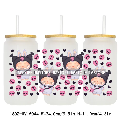 Trendy Coquette Bow Cartoon Doll Monsters 16OZ UV DTF Cup Wraps Ready To Apply Waterproof Transfer Stickers For Libbey Glass Can