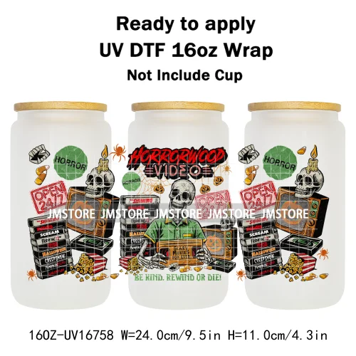 Retro Halloween Neon Scary Movie Character 16OZ UV DTF Cup Wrap Ready To Apply Waterproof Transfer Stickers For Libbey Glass Can