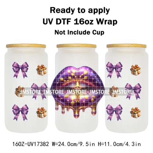 Colorful Christmas Lips Holiday Gifts Xmas Balls UV DTF Wraps Transfer Sticker Waterproof Logo For 16OZ Libbey Glass Can Tumbler