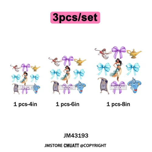 Colorful Girly Coquette Cartoon Princess Family Trip Iron on Washable DTF Heat Transfers Stickers Ready to Press for Clothing