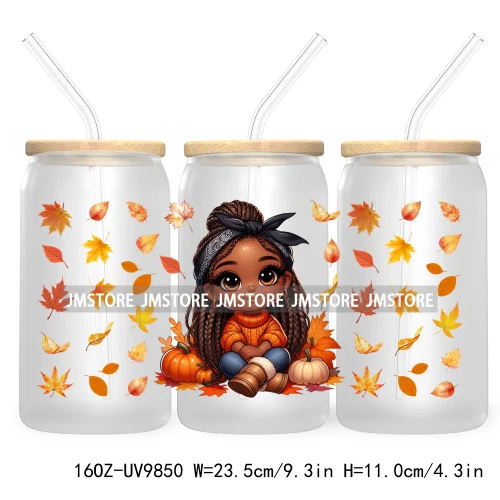 Afro African Girl 16OZ UV Cup Wrap DTF Transfer Stickers For Libbey Glass Can Cups Tumbler Fall Season Autumn Waterproof Labels