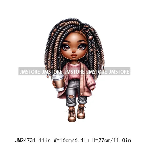 Dreadlocks Coffee Chibi Black Girls Pink Fashion African American Denim Girl Iron On DTF Heat Press Transfer Stickers For Shirts