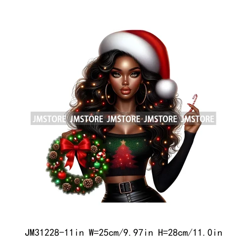 Merry And Bright Melanin Christmas Winter Festive Cheer Santa Woman Iron On DTF Transfer Stickers Ready To Press For Sweatshirts