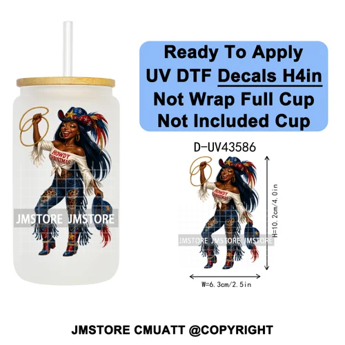 Howdy Afro Black Cowgirl Christmas UV DTF Decals Ready To Apply Waterproof Transfer Stickers For 16OZ Libbey Glass Can Bottle