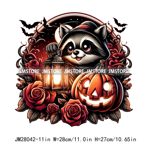 Cute Animals Skull Red Rose Pumpkin Halloween Spooky Vibes Design Logo Iron On DTF Transfer Stickers Ready To Press For Clothing