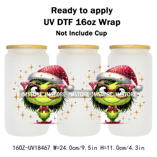 Faux Glitter Christmas Girl Green Guy UV DTF Stickers Ready To Apply Cup Wrap Custom Labels DIY Craft For Libbey Glass Can Mugs