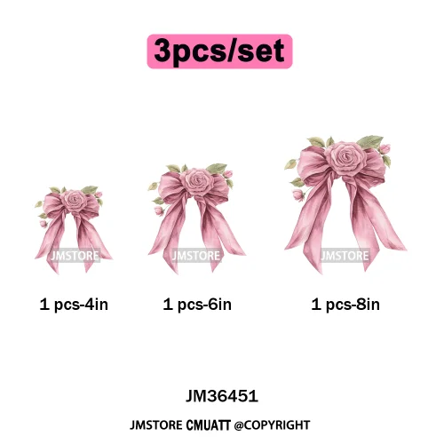 Pink Bow Silk Wedding Coquette Girl Ribbon Tied Printing Iron on DTF Thermal Transfers Stickers Ready to Press for Clothing Bags