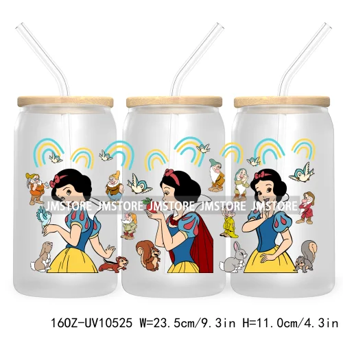 Cartoon Princess Floral Flowers 16OZ UV DTF Cup Wrap Transfer Stickers Custom Labels Waterproof For Libbey Glass Can Best Friend