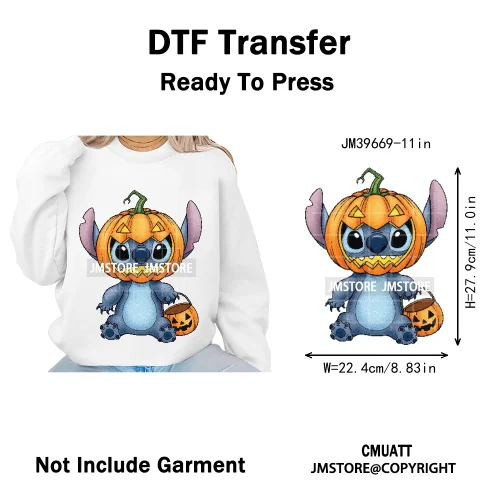 Spooky Scary Cute Cartoon Blue Animal Halloween Horror Vibes Iron on DTF Washable Transfers Stickers Ready to Press for Clothing