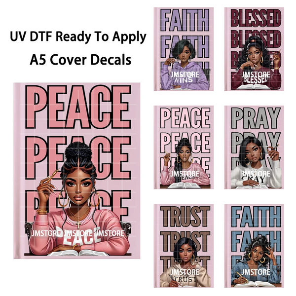Christian God Pray Afro Girl Alphabet UV DTF Notebook Cover Decals Ready To Apply Durable Transfer Stickers For A5 Journal Cover