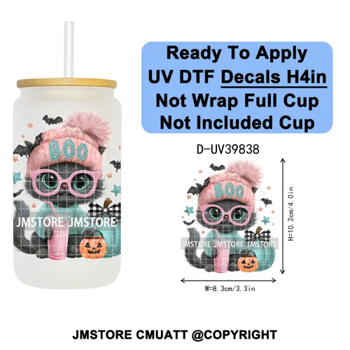Girly Halloween Ghost Pumpkin Coffee Lover UV DTF Transfer Stickers Decals Ready To Apply Waterproof For 16OZ Libbey Glass Can