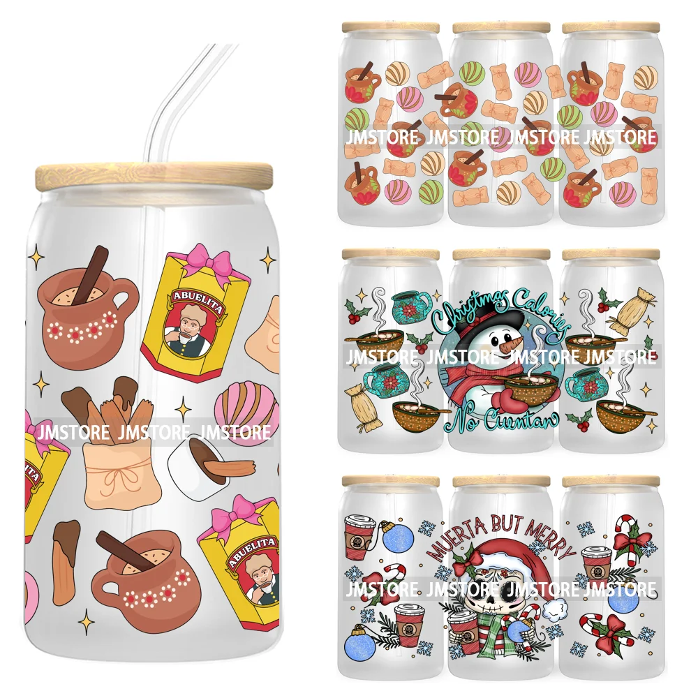 Spanish Latina Mexixan Culture Christmas Pan Dulce UV DTF Cup Wraps Transfer Sticker For 16OZ Libbey Glass Can Gingerbread Santa