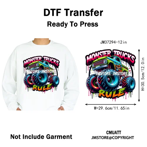 12in Monster Trucks Are My Jam Urban Graffiti Racing Rules Iron on Washable DTF Transfers Stickers Ready to Press for Clothing