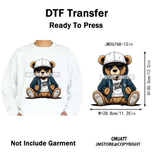 12in Cool Retro Urban Streetwear Graffiti Hip Hop Teddy Bear Iron On DTF Washable Transfers Stickers Ready to Press For Clothing
