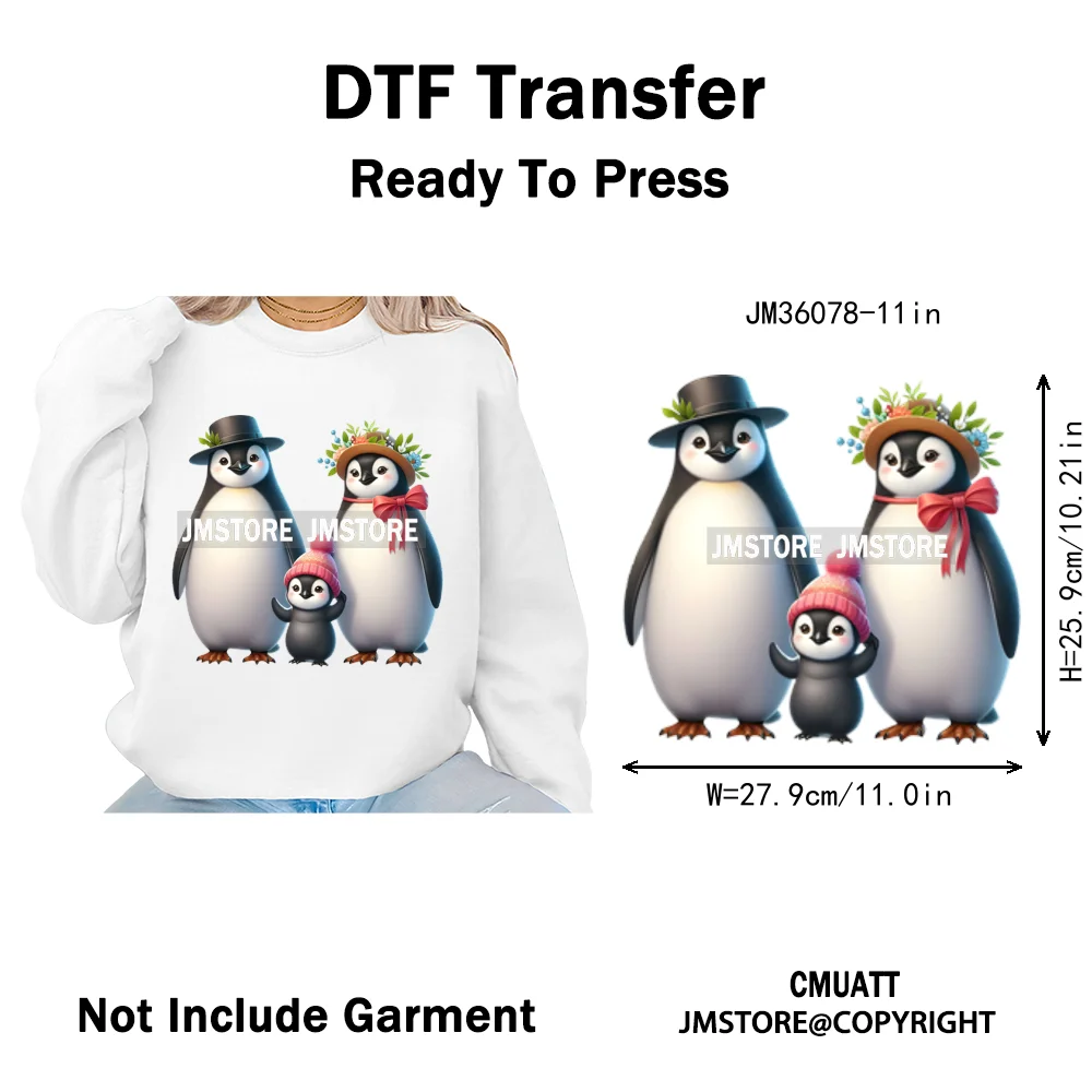 Cute Animal Penguins Coquette Hat Family Mom Father Baby Lovers Iron on DTF Heat Transfer Stickers Ready to Press for Hoodies