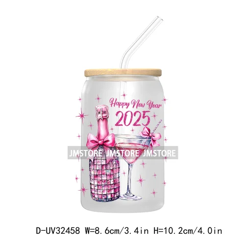 Retro Happy New Year 2025 Coquette Bow UV DTF Transfer Stickers Decals For Libbey Cold Cups Mugs Tumbler Waterproof Custom Logo