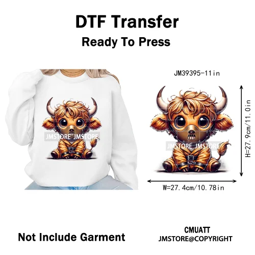 Horror Spooky Cartoon Baby Highland Cow Halloween Vibes Animal Iron on DTF Washable Transfers Sticker Ready to Press for Hoodies