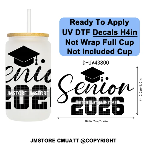 Fresh Class Of 2026 Senior Edition UV DTF Decals Ready To Apply Waterproof Transfer Stickers DIY Craft For 16OZ Libbey Glass Can