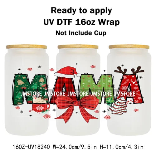 Christmas Mama Mini Coquette Family Xmas 16OZ UV DTF Cup Wraps Ready To Apply Waterproof Transfer Stickers For Libbey Glass Can
