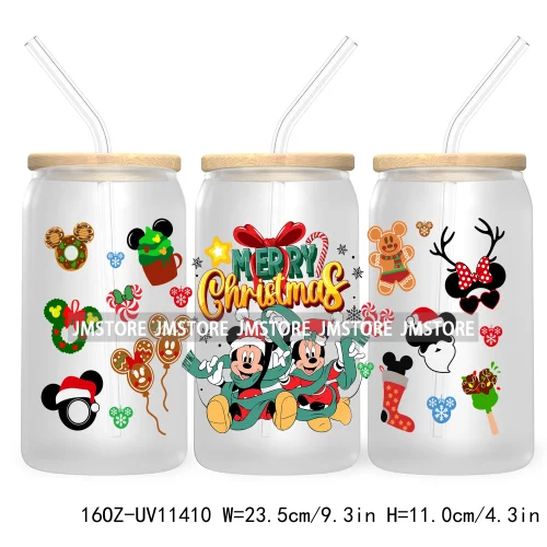 Merry Christmas Cartoon Couple 16OZ UV DTF Cup Wrap Ready To Apply For Libbey Glass Can Cup Tumbler Gingerbread Candy Cane Mouse