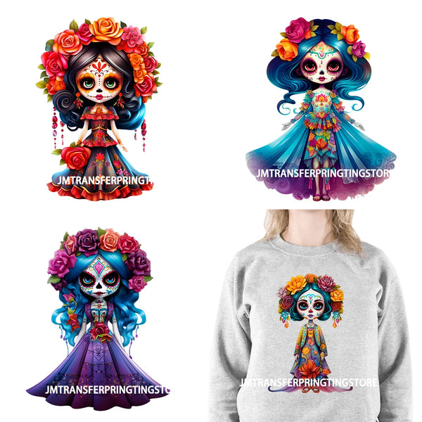 Cute Doll La Catrina Day Of The Dead Sugar Skull Mexican Halloween Iron On DTF Transfer Stickers Ready To Press For Hoodies Bags