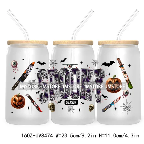 Halloween Characters 16OZ UV DTF Cup Wrap Transfer Sticker Custom Label Waterproof Logo For Libbey Glass Can Spooky Horror Movie