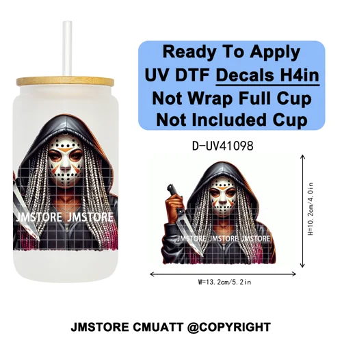 Scary Movie Character Afro Girls Halloween UV DTF Transfer Stickers Decals Ready To Apply Waterproof For 16OZ Libbey Glass Can
