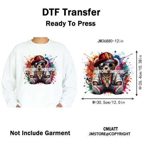 12in Colorful Graffiti Urban Stree Vibes Fearless Gangster Bear Washable Iron on DTF Transfer Sticker Ready to Press for Clothes