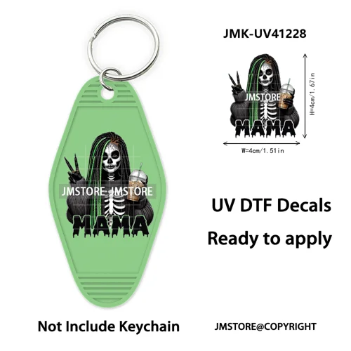 Horror Character Mama Coffee Lover UV DTF Motel Keychain Decal Ready To Ship Durable Transfer Stickers Prints For Hotel Keychain