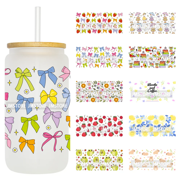 Floral Coquette Bow Strawberry Lemon Bookish UV DTF Wraps Transfer Sticker Waterproof Logo For 16OZ Libbey Glass Can Tumbler