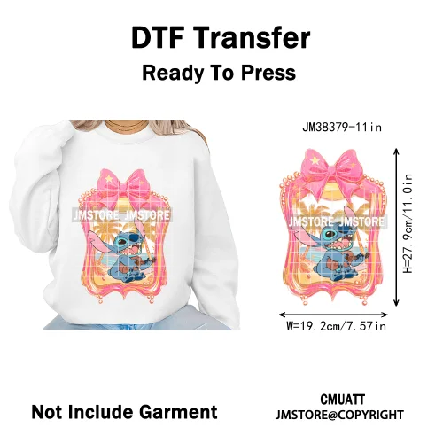 Retro Cartoon Happy Summer Vacation Vibes Coquette Seashells Iron on DTF Heat Transfer Stickers Ready to Press for Clothes Bags