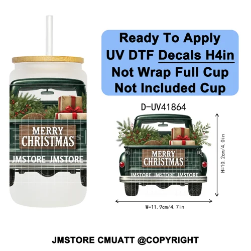 Watercolor Christmas Farm Truck Xmas Gifts UV DTF Transfer Stickers Decals Ready To Apply Waterproof For 16OZ Libbey Glass Can