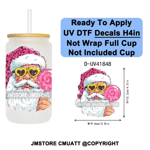 Retro Santa Claus Blowing Bubble Christmas UV DTF Decals Ready To Apply Waterproof Transfer Stickers For 16OZ Libbey Glass Can