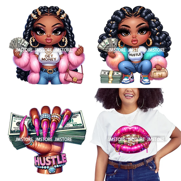 Hustler Hands Fingernails Manicure Money Stack Rich Boss Black Woman Iron On DTF Transfers Stickers Ready To Press For Clothes