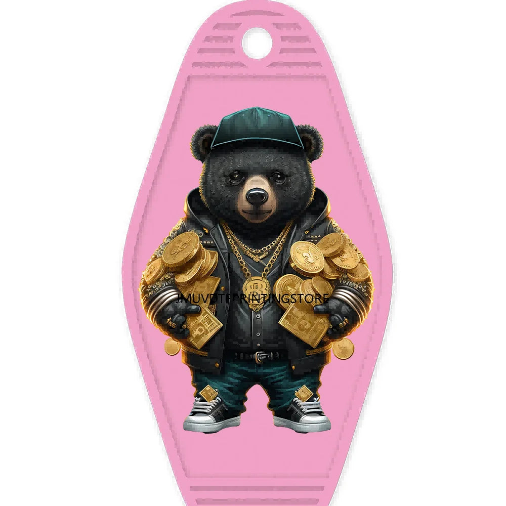 Hip Hop Money Lion High Quality WaterProof UV DTF Sticker For Motel Hotel Keychain Hustle Bear Animals